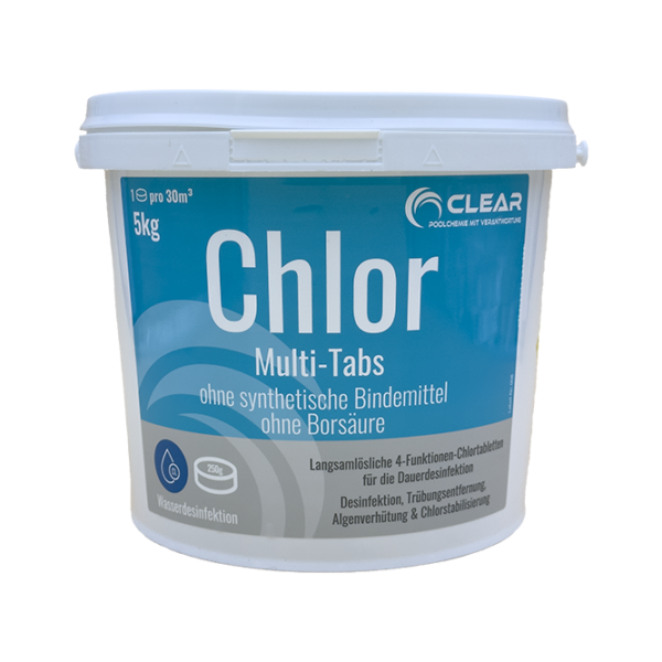 Kübel mit Chlor Multi-Tabs von CLEAR - Poolchemie mit Verantwortung